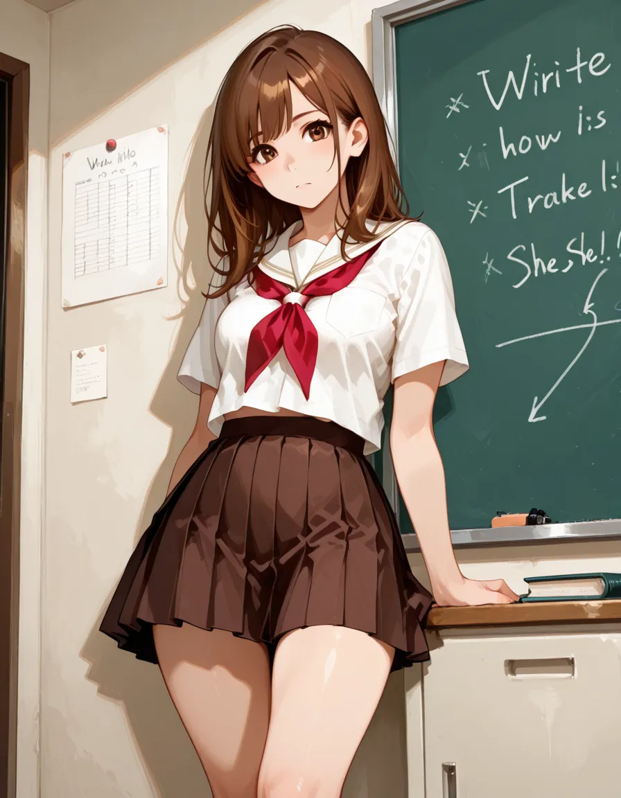 the best qualityt, Misaka_mikoto, brown eyess, Short_hair, Small_Breast, looking at the viewers, 独奏, Closed_Mouth, collars_Shirt, School_uniform, shirts, whited_Shirt, , class room　fully body　miniskirts　Cool look　sexypose　Pink lingerie