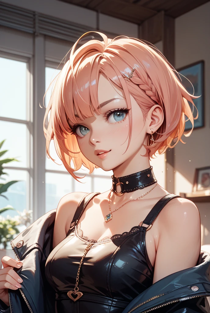 (masterpiece, best quality), intricate details, thin, ((slim)), beautiful girl, Light pink hair, white skin, light purple eyes, sharp jawline, Looking forward in serious black outfit , messy hair, lips, upper body, smirk
