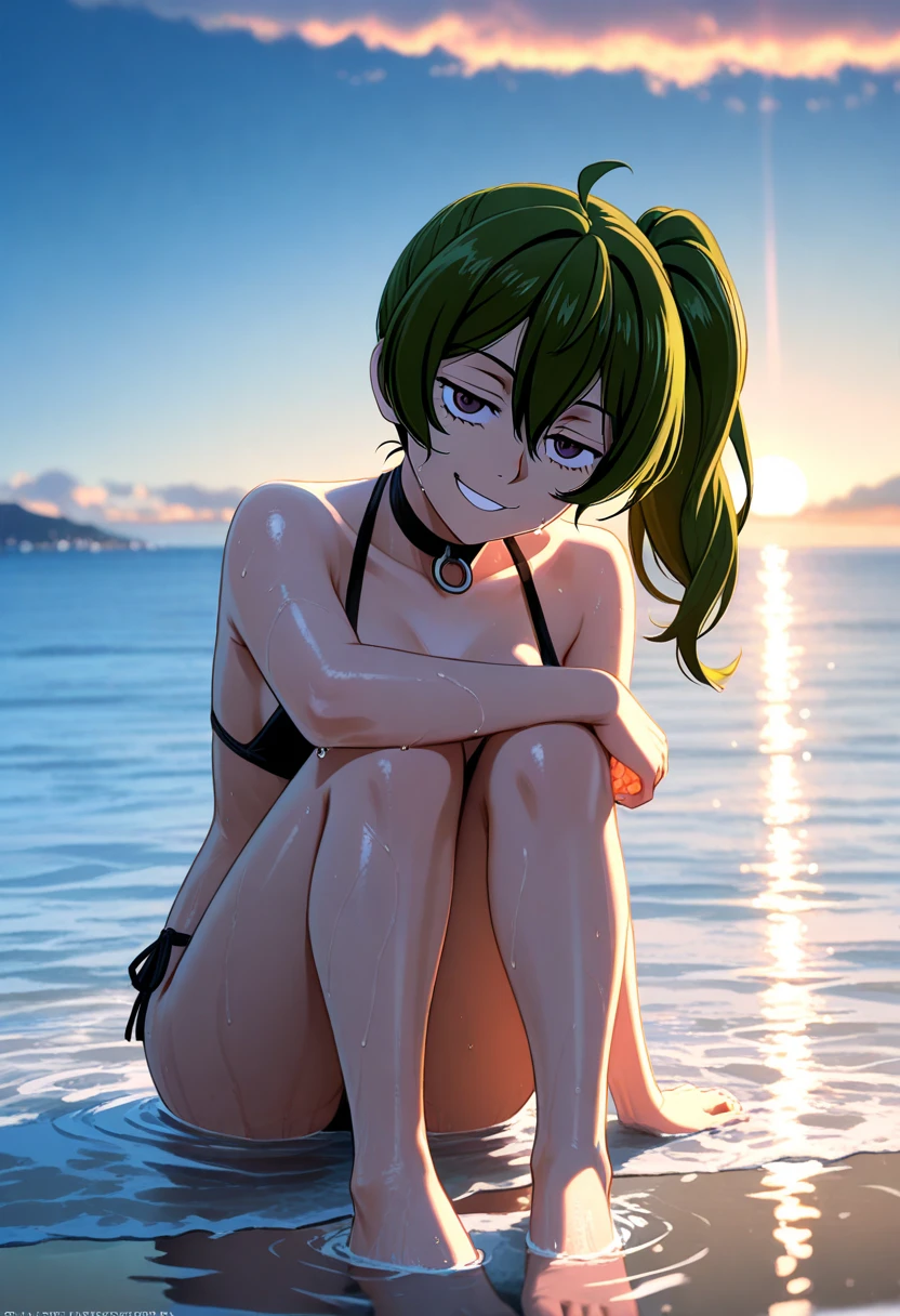1 pet yuzuja girl, tokyo avengers, long straight black hair with bangs, emerald eye color ( seawater green) a piercing in the left ear, ,black color (and red details) ,(a calm look) and a slight smile ( Perfect picture)