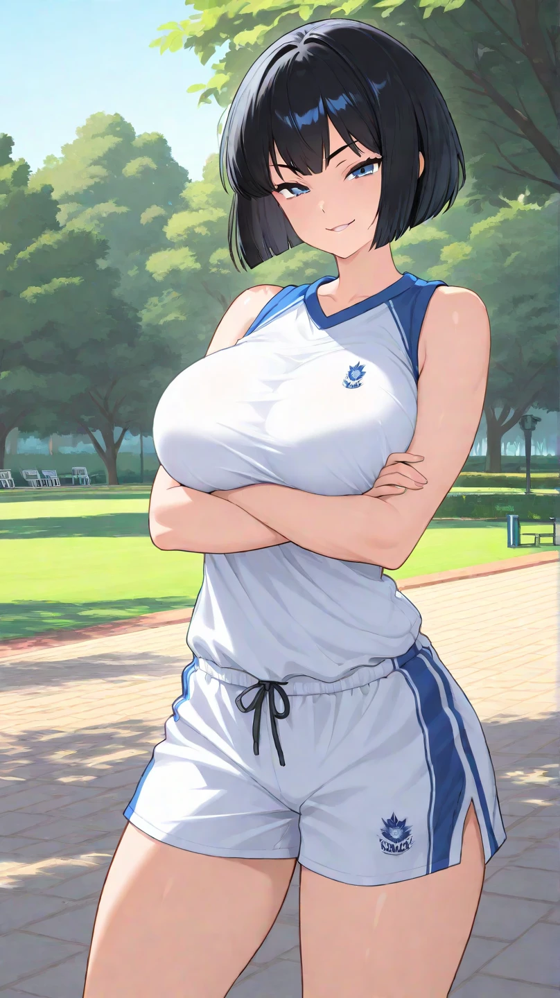 a close up of a person wearing a basketball uniform, a picture, inspired by Kentaro Miura, trending on pixiv, kugisaki nobara, wearing nba jersey, wearing a low cut tanktop, golden raito, (winking), shirobako, large)}], favorite scene, fine details. anime. skins, sweating, big breasts, hands up, armpits, armpits visible, dripping with sweat