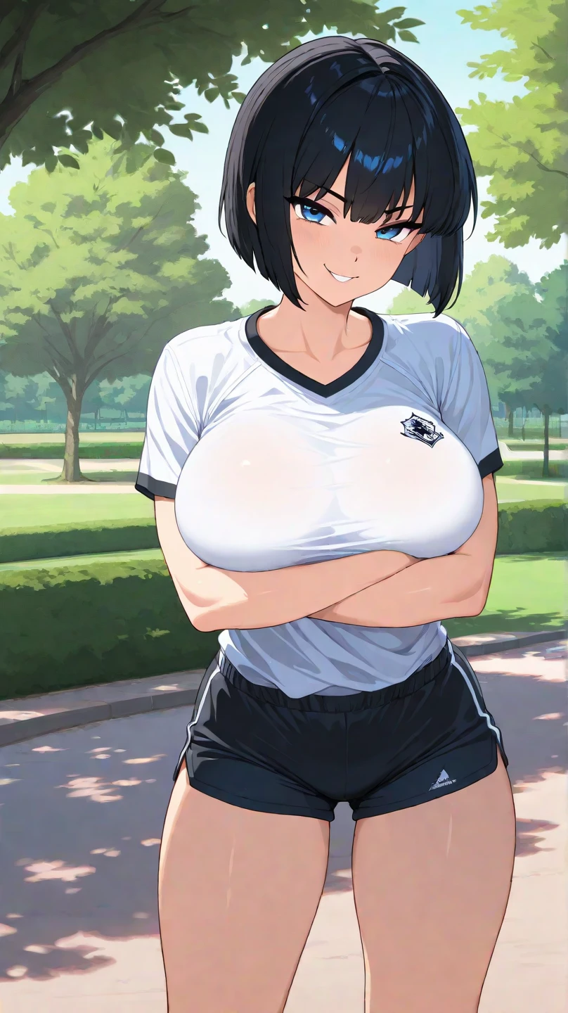 4k, maxres, ultra detailed, dark-skinned school teacher, school gym uniform, cleavage, big breasts, big ass, tomboy, sweating, in a gym, bob cut, black gloves, white sneakers, full body, from front, beautifully drawn eyes, perfect face, perfect body, muscular, beautiful girl, choker, sexy pose, peace sign, black hair