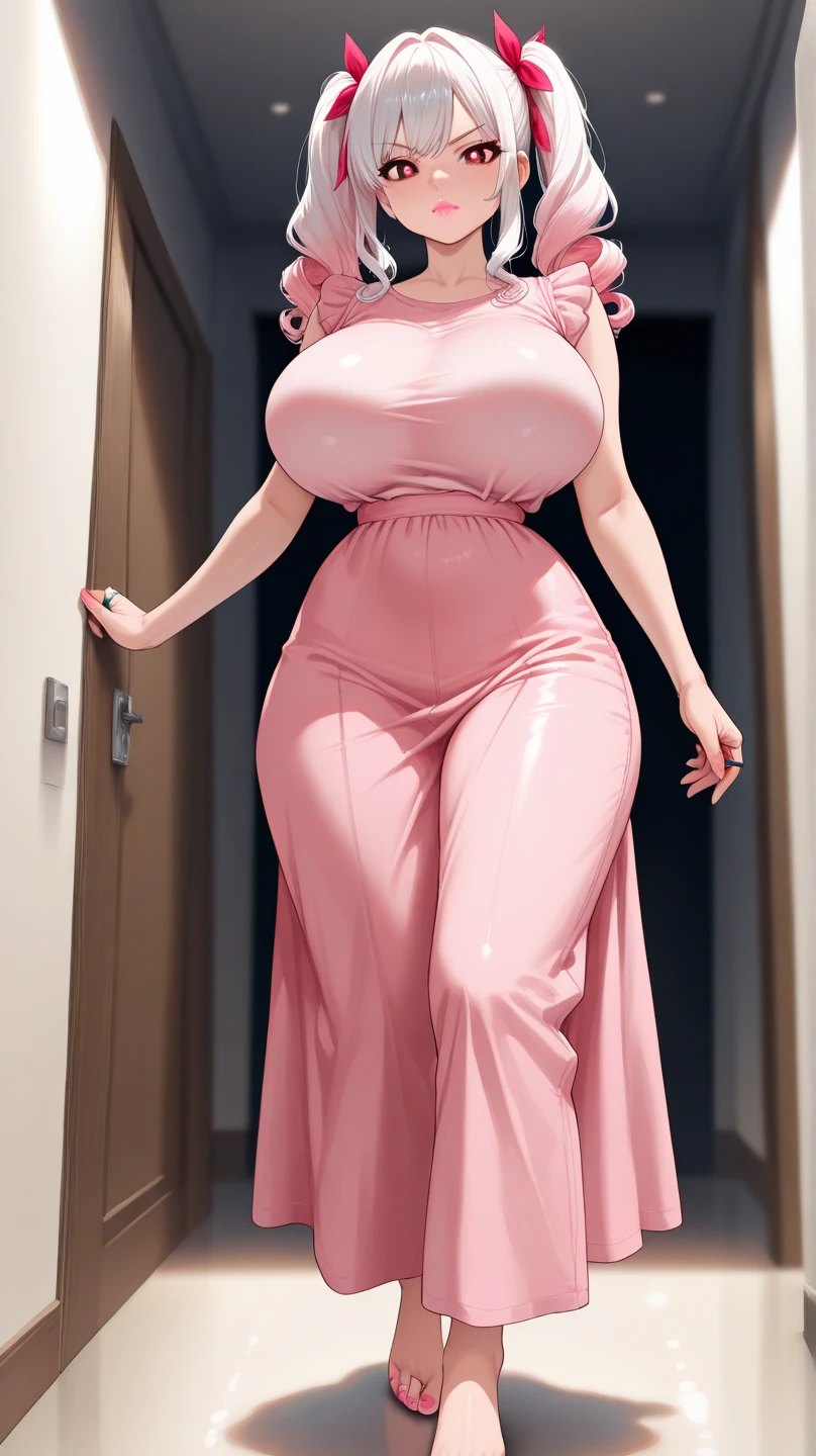 (full-body image/standing/foot on the floor/front:1.5), 1Laurana/Woman, (large breasts:2), she's wearing, (black maid costume:1.3), (very short white skirt:1.3), (extremely tight clothing on body:1.5), she's inside a hotel room in front of a bookcase with a (40-inch TV:1.2), she has, (short rainbow hair:1.5), (green eyes:1.5), is smiling, light makeup on the face, (red lipstick on the mouth.:1.5), looking at the viewer, (exhibitionist pose: 1.1), framed, anime, 16k, UHD, best quality, textured skin, high details, masterpiece, anatomically correct