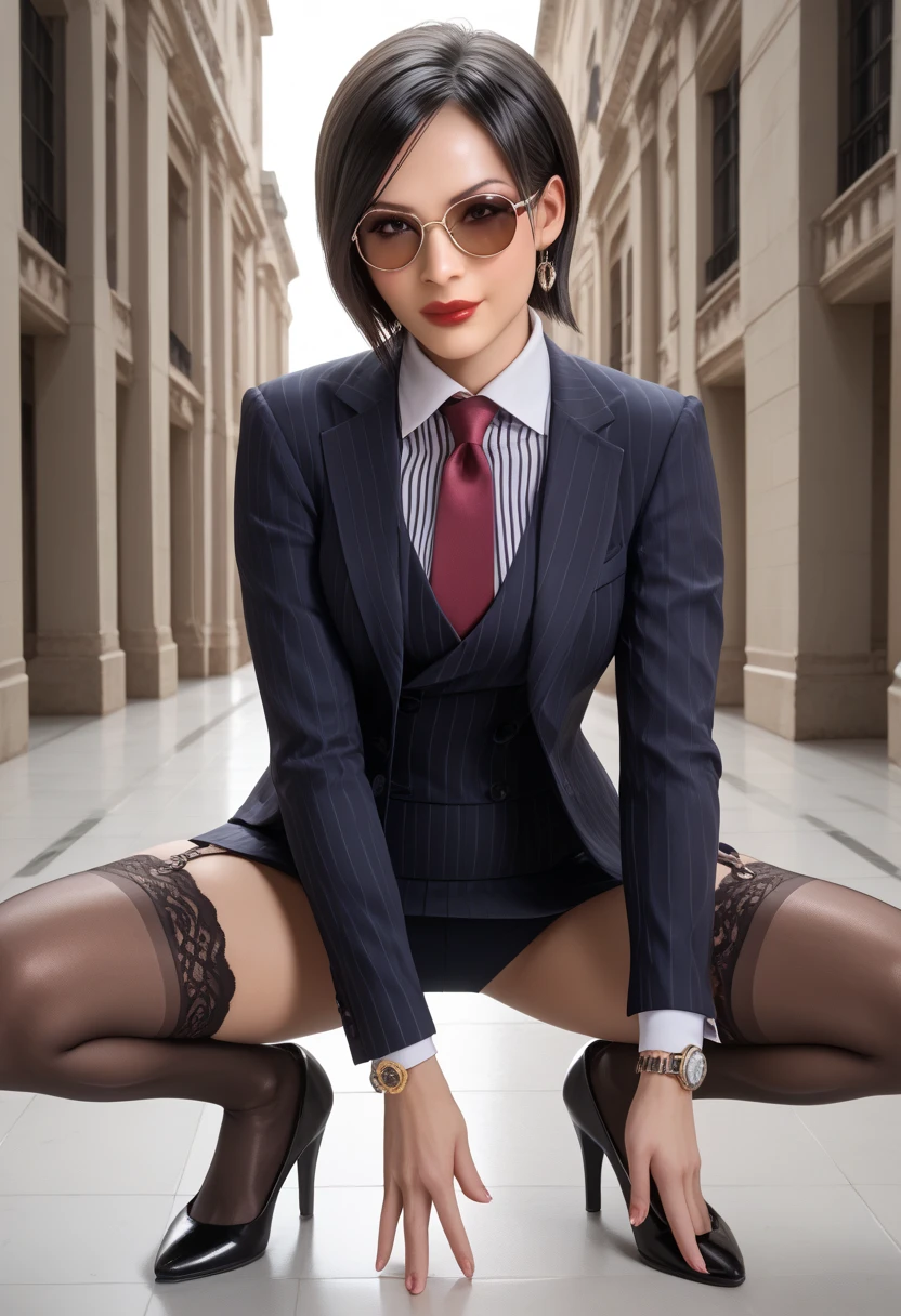 Resident Evil 4, Ada Wong, sitting on chair, 1girl, makeup, silky hair, fully clothed, skirt suit, suit and tie, (((three-piece suit))), silk dress shirt, shirt and tie, necktie, ((blazer)), ((suit jacket)) ((waistcoat)), bodycon miniskirt, pantyhose, tights, stockings, ((red lipstick)), ((pinstripe suit)), high heels, belt, tie clip, pocket square, tailored suit, (((black gloves)))