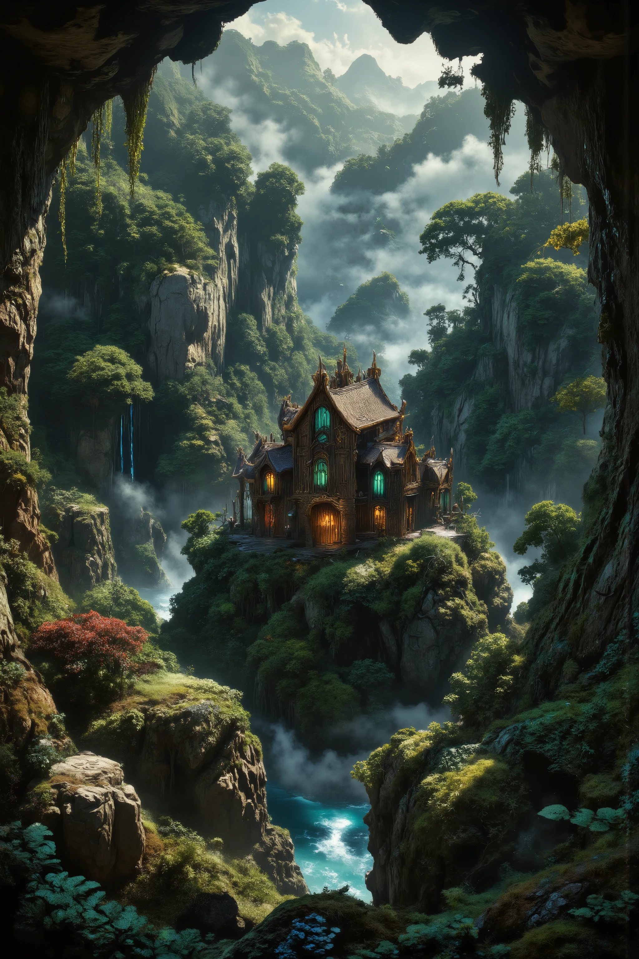 A mystical, rune-etched fortress nestled into the curved cliffs of a deep mossy ravine, partially hidden by overhanging rock and ancient trees. The house’s design blends Norse myth and elven elegance — sharp archways, golden detailing, green crystalline windows glowing faintly. Surrounding the stronghold: a stream running through the ravine, fog drifting above mossy stones, and beams of light slicing through the trees. The camera captures wide cinematic angles across the ravine, but always anchored on the architecture. Unreal Engine 5 render, with wind-blown leaves, magical glows, and ray-traced reflections.