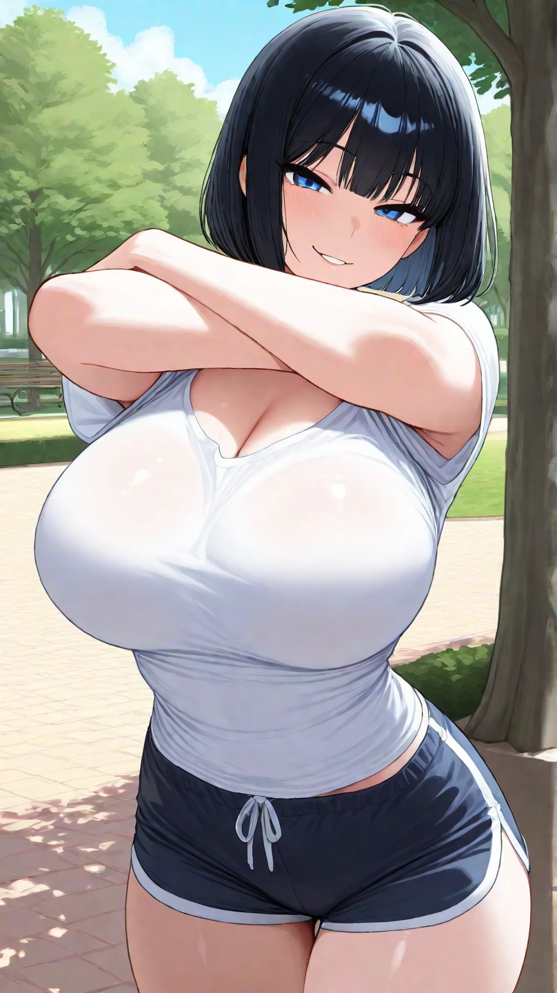 Hinata Hyuuga, 1girl, ((bimbo))), short blue hair, puffy lips, painted lips, thick lips, wide hips, thick thighs, enormous round breast, huge ass, erotic kiss face, oily shiny skin, breasts squeezed together, enormous huge natural breasts, natural breasts, White jeans, Blue bra, hand signs