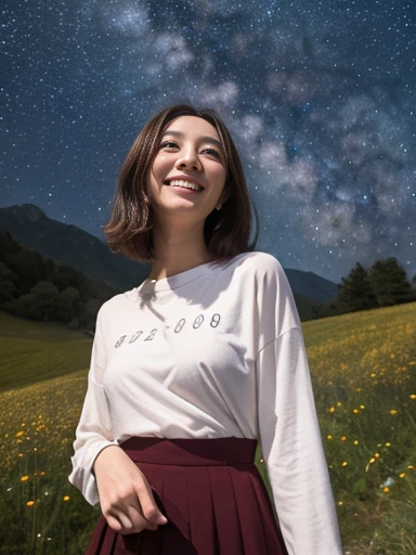 1woman, idol, short hair, brown hair, starry sky, sea, 20 years old, angle from below, smile, short t-shirt, short skirt