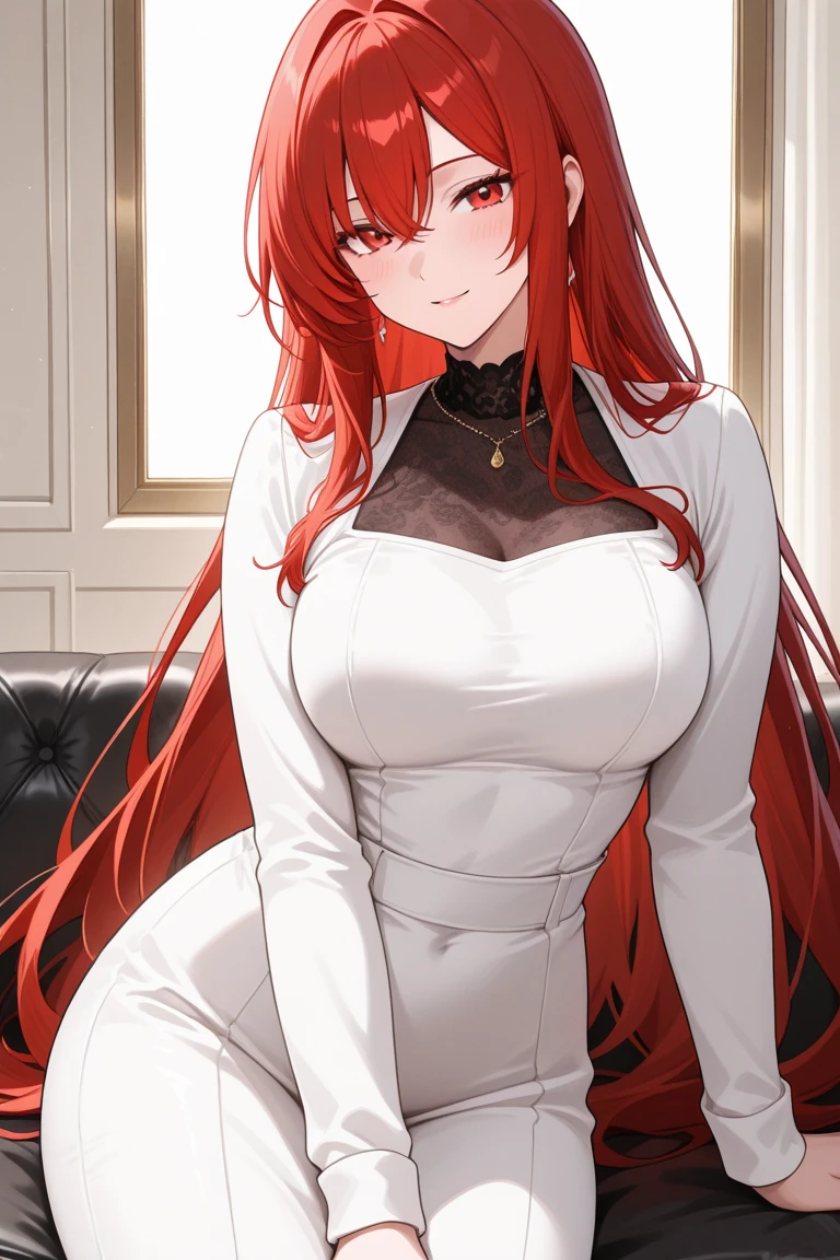 (masterpiece, best quality:1.2), detailed face, detailed eyes, elegant woman, long hair, high heeled,pencil skirt,shiny skin,coy smile,medium boobs,lace pantyhose,red hair,crossed legs,view from below,young