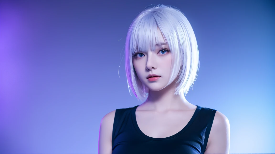 8K, (masterpiece*high detailed*highres), (portrait shot), front view, sharp focus, RedShift style, (3D:1.5), Natural volumetric lights, soft ligthing,
Solo, mature woman, looking at viewer, Slim Curvy body, large breast,
Straight bob with side-swept bangs, White Hairs color,
Kimono,
Black unicolor background