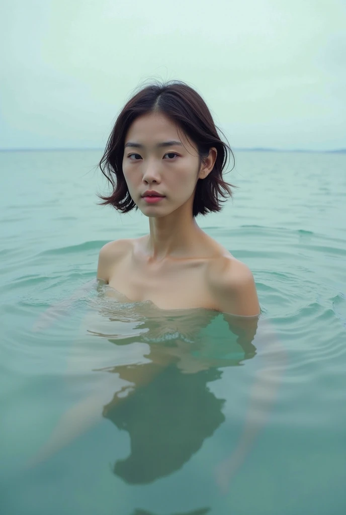 a completely naked young European woman, Short dark brown hair with a middle parting, In the sea. ISO 100.