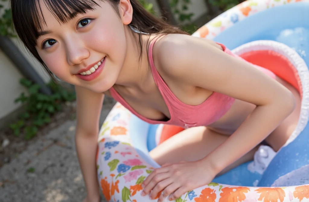 on top,Looking down,from below,White light panties,Flat sandals,Three-point underwear,Sit or stand or squat on the swing,Crotch view,bottom angles,Mocking expressions,Smiling,White light bandeau,Large angle upward view,Sky background or ceiling background