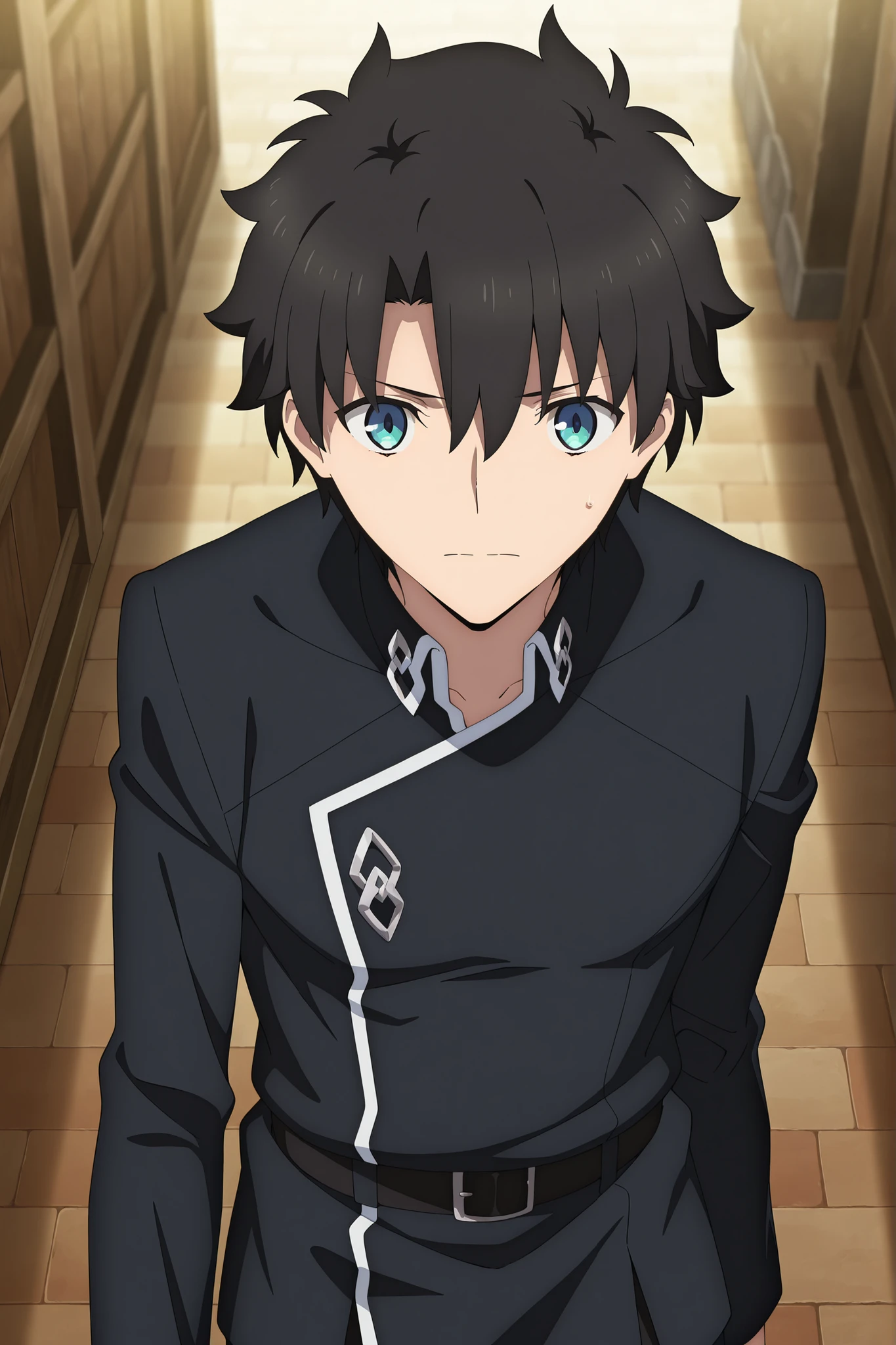 masterpiece, best quality, amazing quality, absurdres, highres,anime screencap, 1boy,ritsuka_fujimaru, black hair, blue eyes, short hair, bangs, hair between eyes