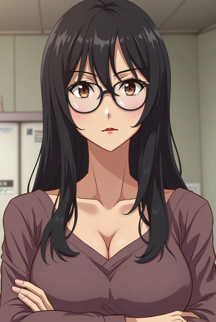 Sexy,Kaku Bunwa,Round frame glasses,Black long hair,Brown eyes,Open shirt,