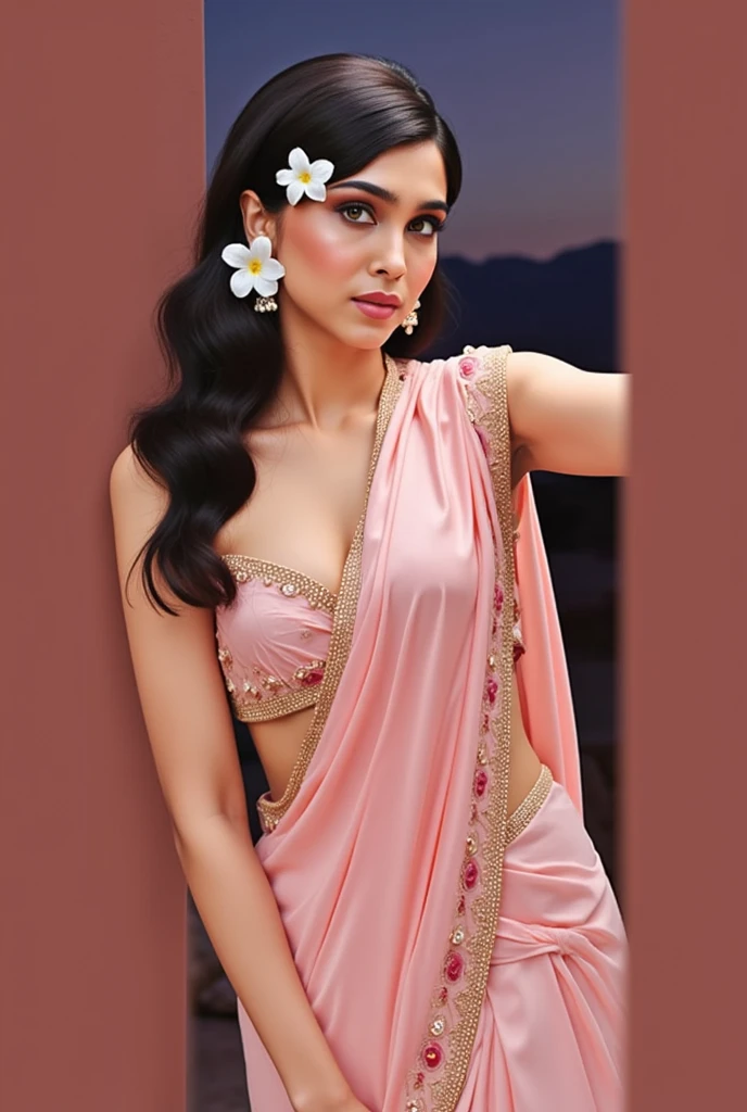 (((Stunningly Beautiful persian Princesss ))), elegant blue black updo hair, sweet smile, Beautiful bride posing under a fairy tale arch of exotic magical flowers, looking back,elaborate scene style, crystal glass lattice, glitter, transparent embroidered lace, realistic style, 8k,exposure blend, medium shot, bokeh, (hdr:1.4), (cinematic), ( dark tones:1.3), (hyperdetailed:1.2),Realism,1 girl,girl wearing indian saree(dressed in transparent saree)(wearing glitter graphics jewelry)big ,Sexy medium Breast,??????,bright light ,long_hair, Bokeh ,nsfw , indian ,tree branch, colourfull ,undersized bra,princess dress,lehenga choli