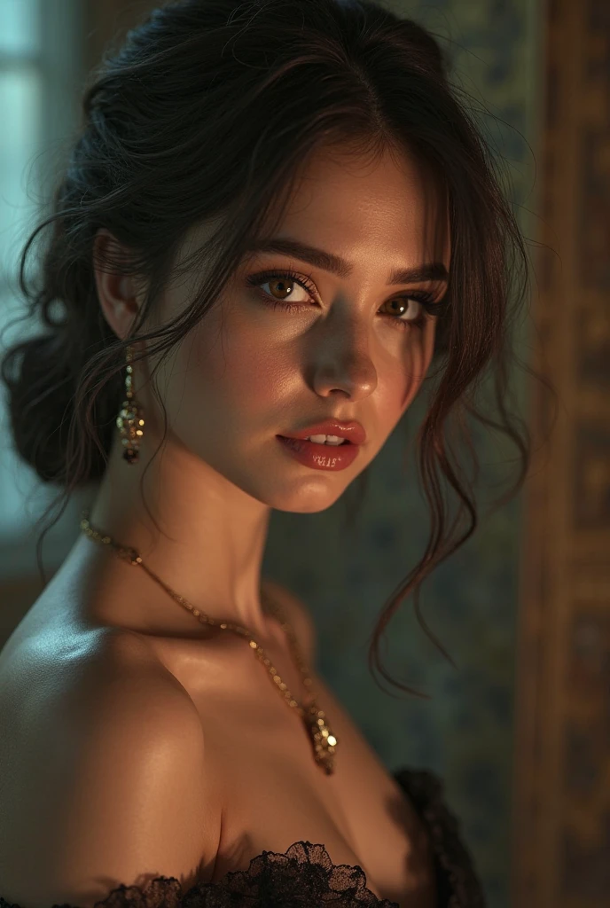 Best quality,4K,8k,high resolucion,Masterpiece:1.2),Ultra-detailed,Realstic,femme brune,Detailed facial features,Regard intense,sensual lips,mysterious atmosphere,colorful background,Impressive lighting,Oil painting style,Perfect blend of shadows and highlights,Couleurs vives,Composition unique,Emotionally expressive,Attirant,A confident and powerful woman in the middle of a vibrant and enchanting scene,position a genoux. Dreamy Decor, dubai, sable,, Realstic, details, Ultra detailded, femme a genoux.