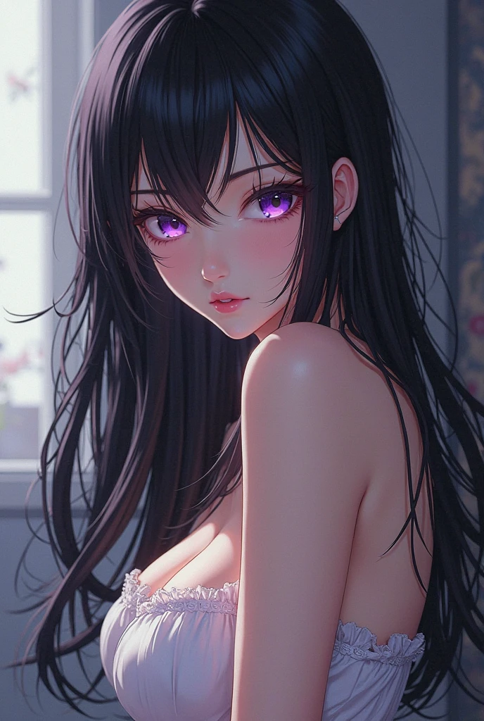 2d, sketch art, one anime woman, sad, black hair, busty, medium breasts, cleavage, POV, close up, nightgown, (detailed eyes, beautiful eyes, purple eyes:1.2)