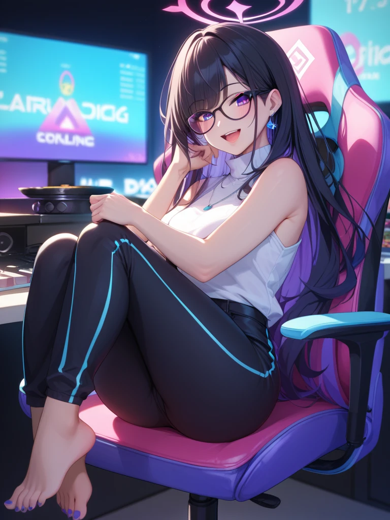 A closeup of a woman with purple and black hair wearing glasses, art in the style of Guweiz, model IG | Artgerm, Artgerm extremely detailed, Ilya Kuvshinov and Artgerm, Ilya Kuvshinov with long hair, Ilya Kuvshinov. 4 k, realistic art style, artgerm. illustration of anime, gamer, cat ears, with headset, full body, gamer chair --auto --s2