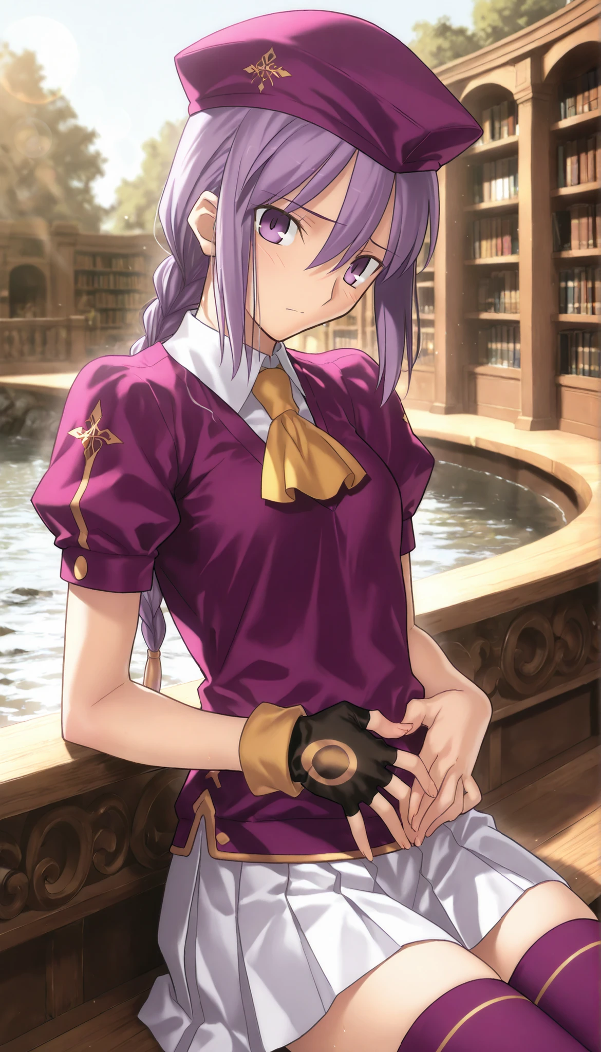 masterpiece, , absurdres, highres, detailed background, high resolution, masterpiece, necessary, detail, best quality, quality, necessary, details, High details, Precise, 8k outdoors, (library, powder light, river), day, lens flare, blurry background, from side,
1girl, Takeuchi Takashi (type-moon,tsukihime) style, takeuchi takashi style, (aged up), (reclining),(fidgeting) ,long thighs, cowboy shot,
girl, (slender body, slim arms, slim bod), (Sion) Eltnum (Atlasia) ,sion eltnam atlasia,(fate), purple hair , purple eyes, tsurime, hair between eyes ,long bang, long hair , braided hair , braided ponytail , yellow ribbon , EltnumOutfit ,small breasts, light purple sweater ,puffy short sleeves, collared undershirt , white undershirt , undershirt , yellow ascot ,(short sleeve), ,white skirt ,miniskirt, gold trim ,purple thighhighs ,single glove ,fingerless glove, black glove ,dark purple beret, ,((head tilt)), looking at viewer,(small breasts), ,