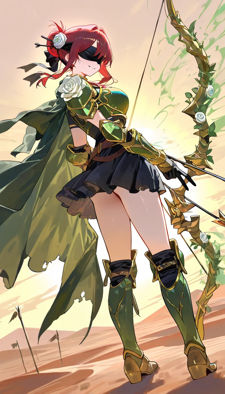 (beautiful girl : 1.3),1 girl,(Green Armor,black embroidered green cloak,White rose hair accessory,thigh,boots),Dark Red Hair,bun hair,Both blindfolded,smile,holding a bow and arrow, desert,stand,Green and black aura from a bow and arrow,active,Dynamic Angle,masterpiece,Highest Quality,rich contrasts,high image quality,8k,High Definition CG Unit Wallpaper,texture,Incredibly Absurd, RAW photos ,Deep Boundaries 1 .2,Very Detailed