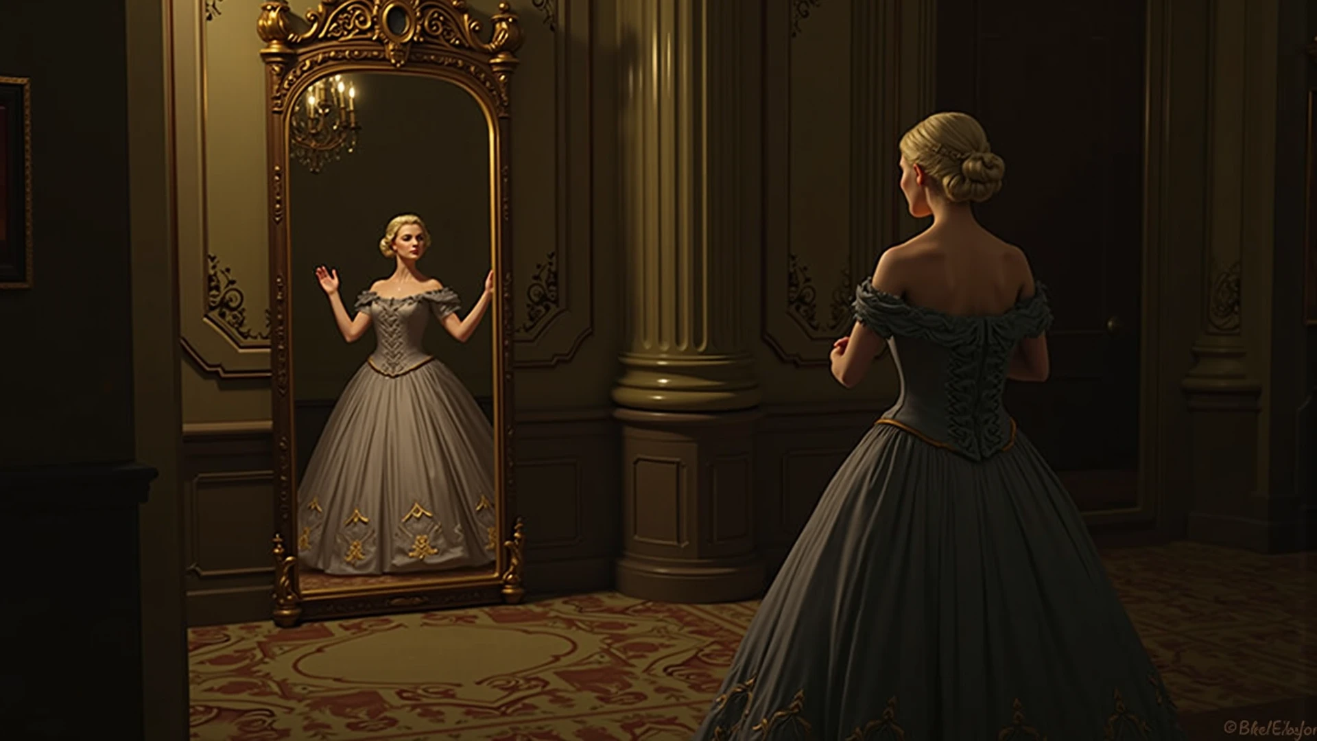 High quality photography of Elsa and Anna de Arandelle wearing tight blouse and pencil skirt, long dress calf length skinny adidas both, fat ass, round ass, fat legs, braids, looking to the camera, in a gothic room, shot from behind, standing