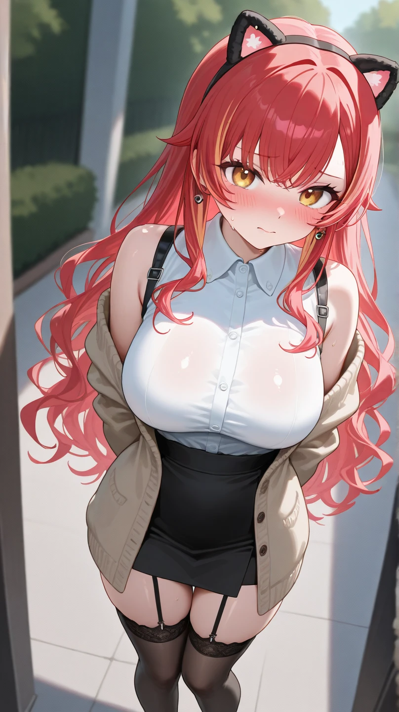 masterpiece、hightquality、1girl , 1 character only、独奏、makima , chainsaw man anime, anime style, (hair between eye)、standing straight, back view, standing very confident, slightli smiling at me , looking at me with with slight smile at me through her shoulder , without bra, you can see boobs, and only in underwear