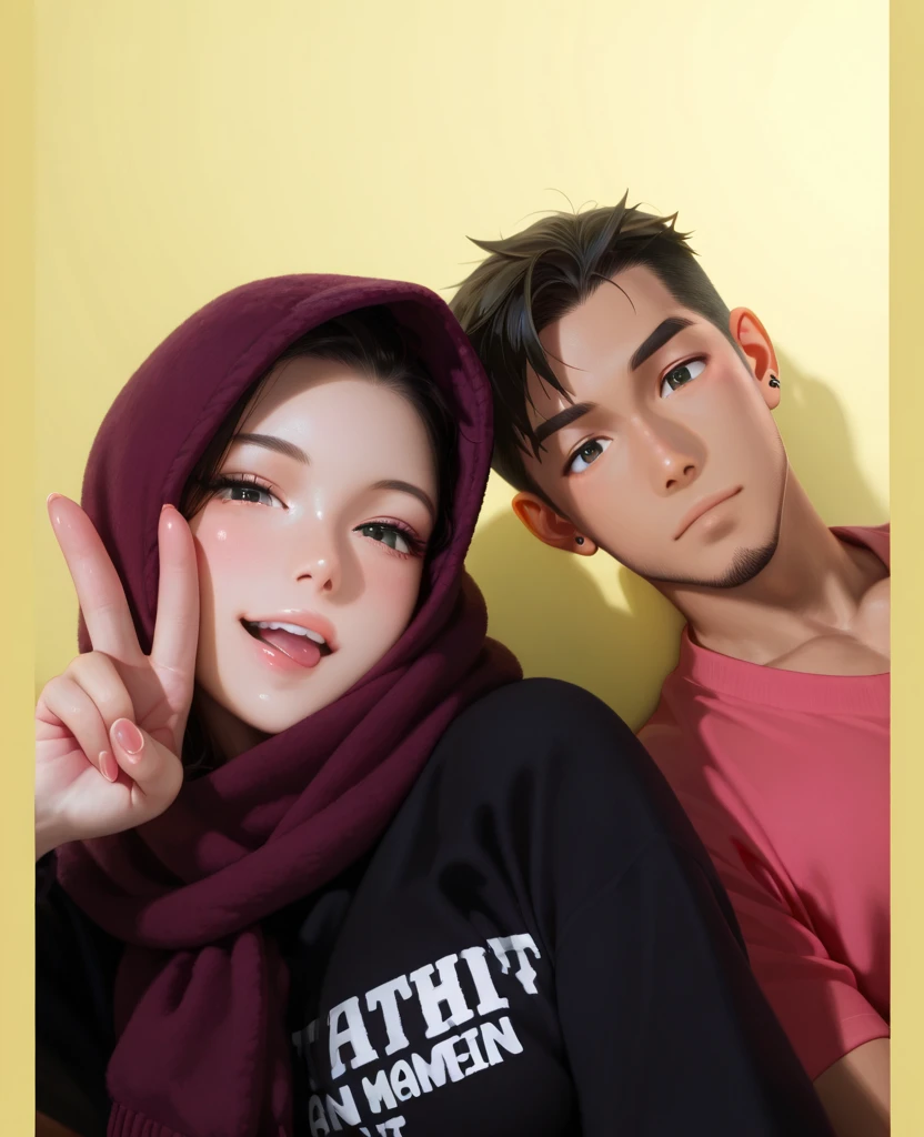 there is a woman and boy at restaurant, realism artstyle, 1 girls using hijab, 1 boy korean hairstyle, eyes focus on camera, realistic, hd picture , hd quality, romance, a couple, a lovers, face quality hd,eyes look on camera. 1boy hairstylist