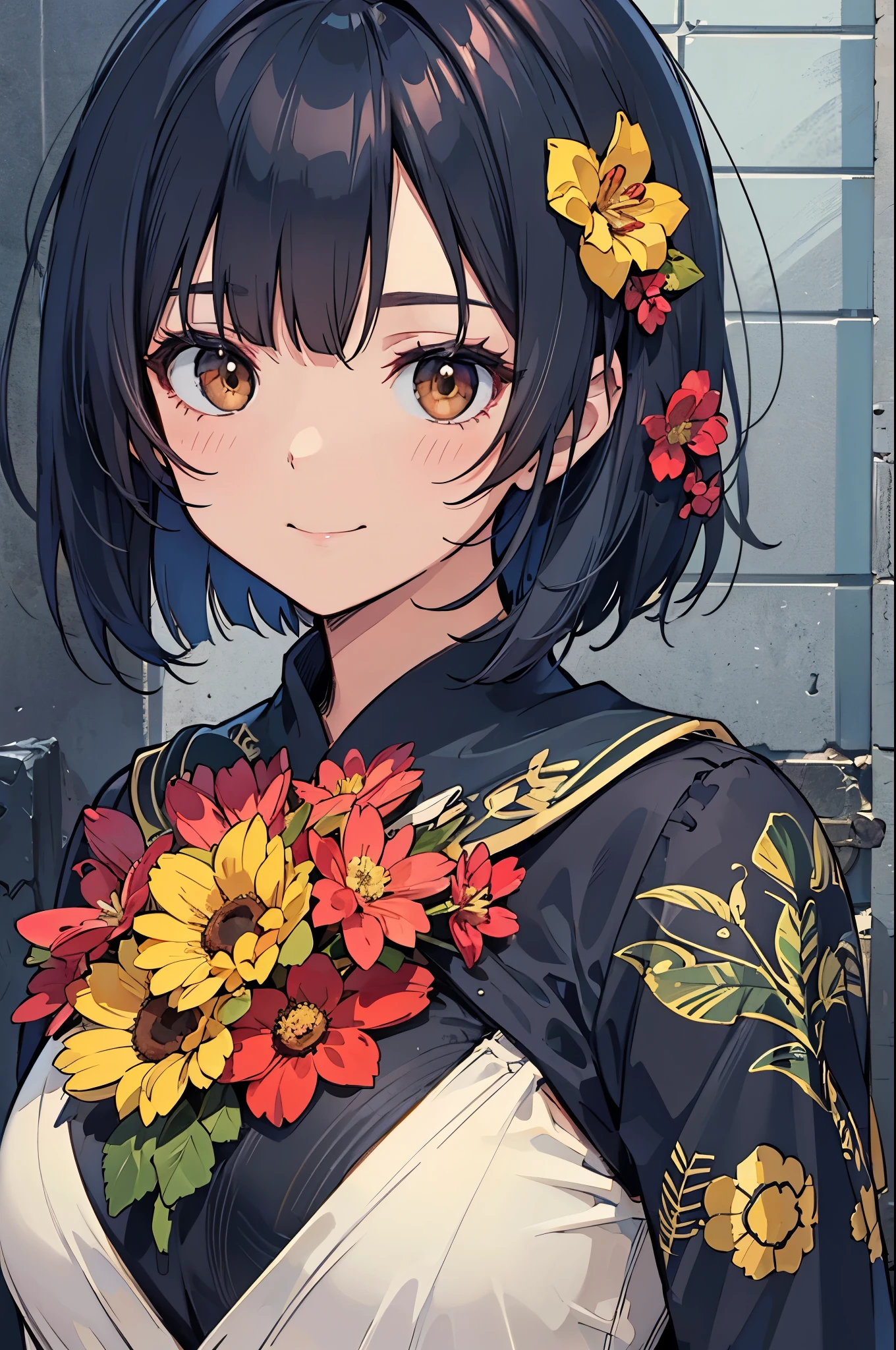 one girl、solo、 dark brown eyes 、shiny dark blue hair、bob hair、 orange hair ornament 、smile、wallpaper、Very Detailed、(((Very Detailed目と顔)))、​​Best Quality、realistic portrait、Complex clothing、Very Detailed、Dynamic Angle、The Most Beautiful Form of Chaos、elegant、Brutalist Design、bright color、 romantic Singapore flowers
