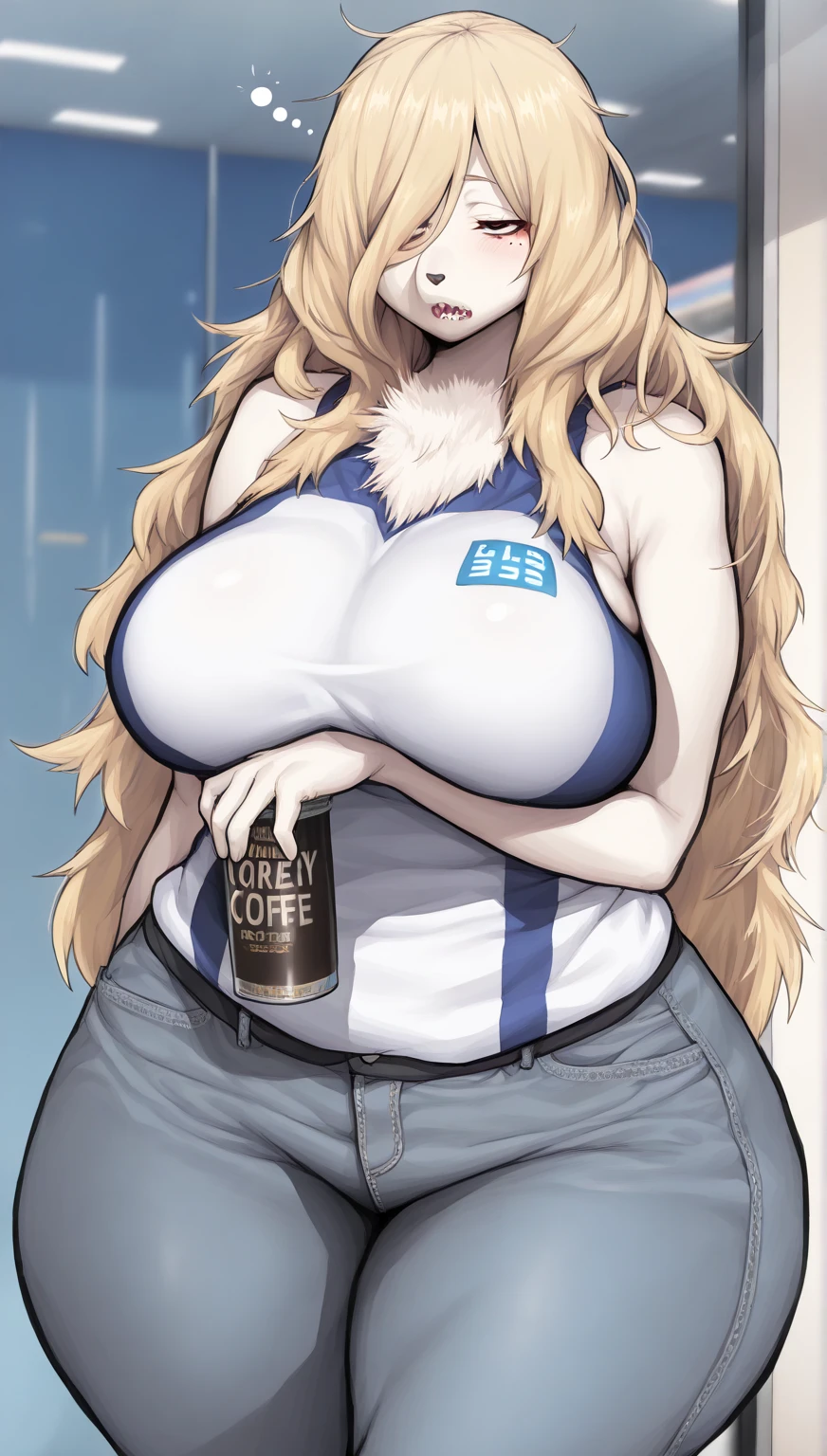 ((Masterpiece)), perfect anatomy, perfect shading, field of depth, (best quality), extremely delicate and beautiful, perfect lighting, detailed face, ultra cute face, cute, (1girl), (solo),
long fluffy blonde hair, blue eyes, ((blush)), nervous, looking at viewer, tank top, jeans, cleavage, large breasts, ((thick thighs)), (wide hips), fat ass, chubby,
intricate background, detailed background, fast food restaurant, standing,