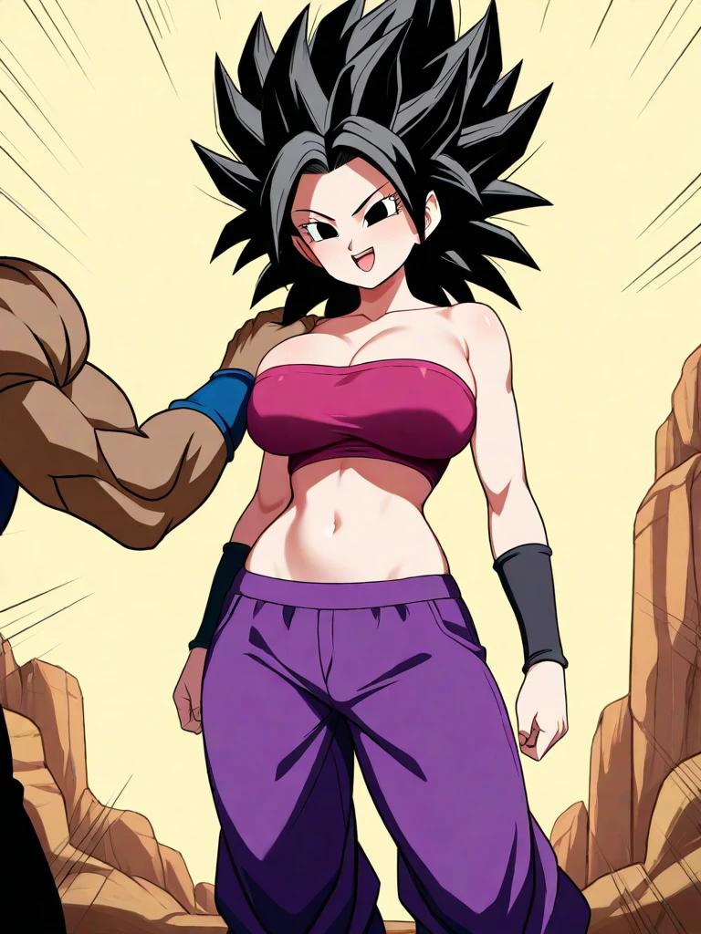 masterpiece,best quality,extreme detail,8k,<lora:caulifla-12:0.8>,caulifla2,1girl,solo,breasts,looking at viewer,blush,open mouth,large breasts,black hair,navel,cleavage,bare shoulders,sitting,collarbone,midriff,pants,spread legs,black eyes,crop top,strapless,spiked hair,bandeau,tube top,purple pants,