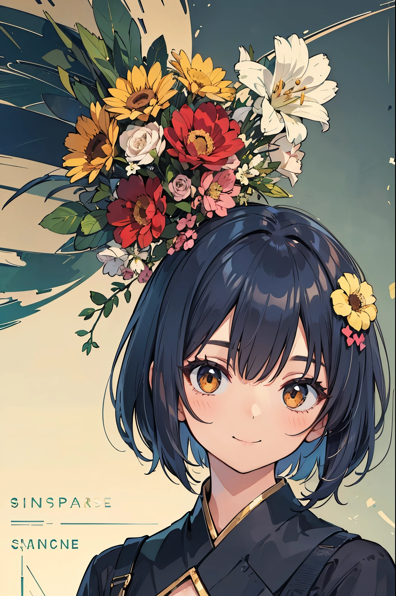 one girl、solo、 dark brown eyes 、shiny dark blue hair、bob hair、 orange hair ornament 、smile、wallpaper、Very Detailed、(((Very Detailed目と顔)))、​​Best Quality、realistic portrait、Complex clothing、Very Detailed、Dynamic Angle、The Most Beautiful Form of Chaos、elegant、Brutalist Design、bright color、 romantic Singapore flowers