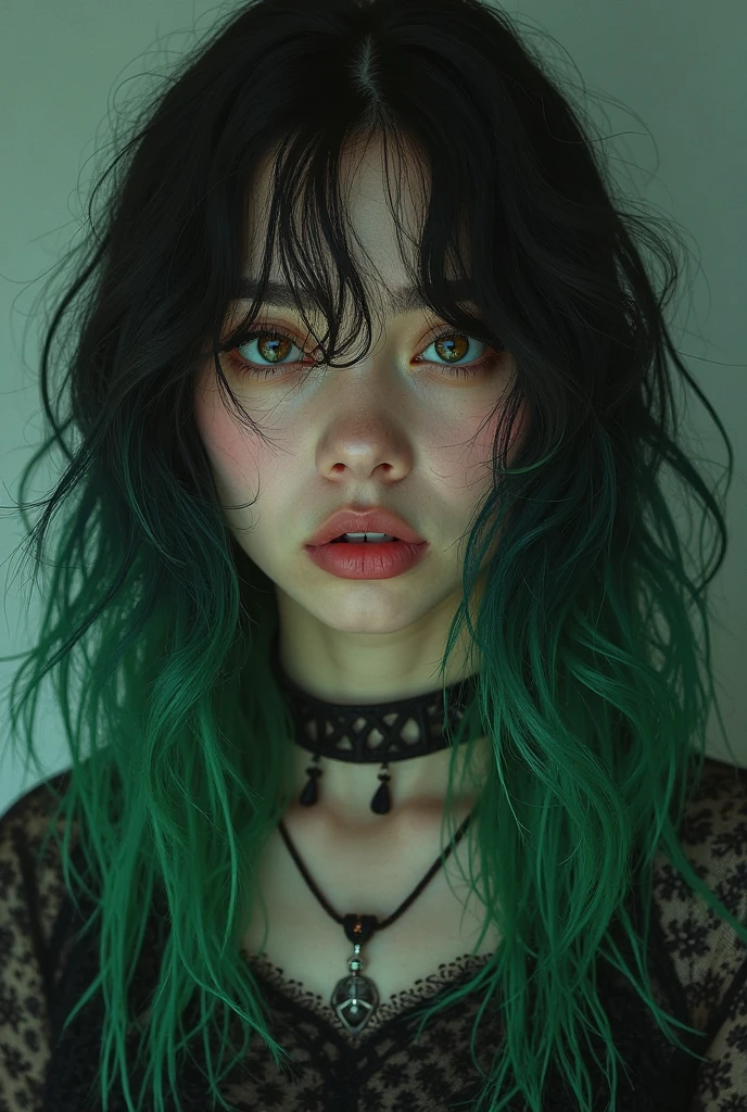 (best quality, 8K, 32K, masterpiece, Ultra HD:1.2),Photos of 18-year-old American beauties, Large Breasts, Super Short Bob Hairstyle,Upper Body,Face Focus,(Oversized_sweater,:1.1) necklace, Horror background with skull, Looking at the audience, Lean forward, (((Green Hair,Green bangs))), (((Vibrant light black eyes))) (((Award details)) ((Avatar makeup and pop star clothing)))