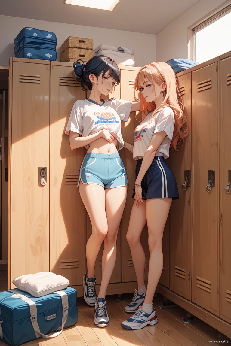 masterpiece, best quality, high resolution, ultra-detailed, perfect face, slender perfect body, Tight belly, Toned buttocks, Constricted waist,(((5 boys to race))), ,(pink:-1.5) (blue:-1.5) hair, (braided short hair), shy son, short stature, small tits, (indoor volleyball court), (volleyball athlete), small tits, short pants spats show off, short pants, spats, focus, looking at viewer, (wet:1.4) hair and skin, volleyball,((covered erectile nipples clothes)),((very wide shot )),(back shot)