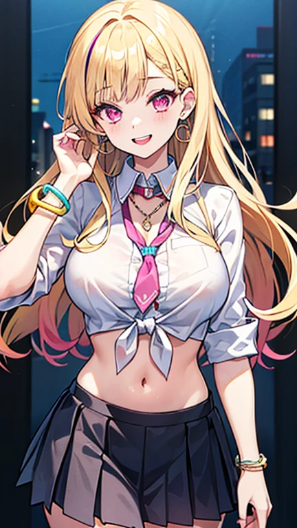 Score_9, score_8_up, score_7_up, score_6_up, source_anime, rating:general, 1girl, slutty_clothes, makeup, 1girl, solo, kiryuuin_satsuki, dark-skinned female, blonde hair, dark skin, phone, jewelry, sunglasses, earrings, long hair, crop top, handbag, very long hair, hair ornament, midriff, choker, makeup, bracelet, navel piercing, miniskirt, piercing, hairclip, necklace, ring, looking to the side, brown eyes, smile, sparkle, cowboy shot, cropped shirt, blue skirt, fur trim, alternate costume, short sleeves, forehead, white shirt, standing, gyaru, glasses, fishnets, ear piercing, tattoo, fur-trimmed skirt, eyeshadow, parted lips
