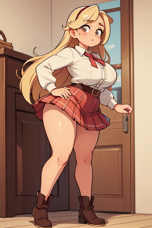 (Best quality), (top quality), (masterpiece), (portrait), (aesthetic), (beautiful), (high quality), (aesthetic clothings), (professional angle), (rule of thirds), (Feminine), (woman), (female), (beautiful lady), (big ass), (long hair), (large breastasterpiece), (portrait), (aesthetic), (beautiful), (high quality), (professional angle), (rule of thirds), (Feminine), (woman), (female), (beautiful), (feminine features), (blonde) Drawing of a pudgy teen of late adolescence with rosy cheeks, brown eyes, creamy blonde hair. She is in a white dress with a prominent bow on her waist; she is wearing black dress shoes. She has muscular, toned, realistic feet and legs. Her legs are thick, fat, chubby, meaty, voluptuous, curvaceous, long, Rubenesque and plump. Her fat legs have varicose veins. She is posing with both hands making victory sign and with one leg up. She is embarrassed and her legs are crossed. The world's sexiest beautiful beauty, flesh-colored tights, soaked all over, cinematic texture, best quality, movie poster, soft lighting, warm colors.