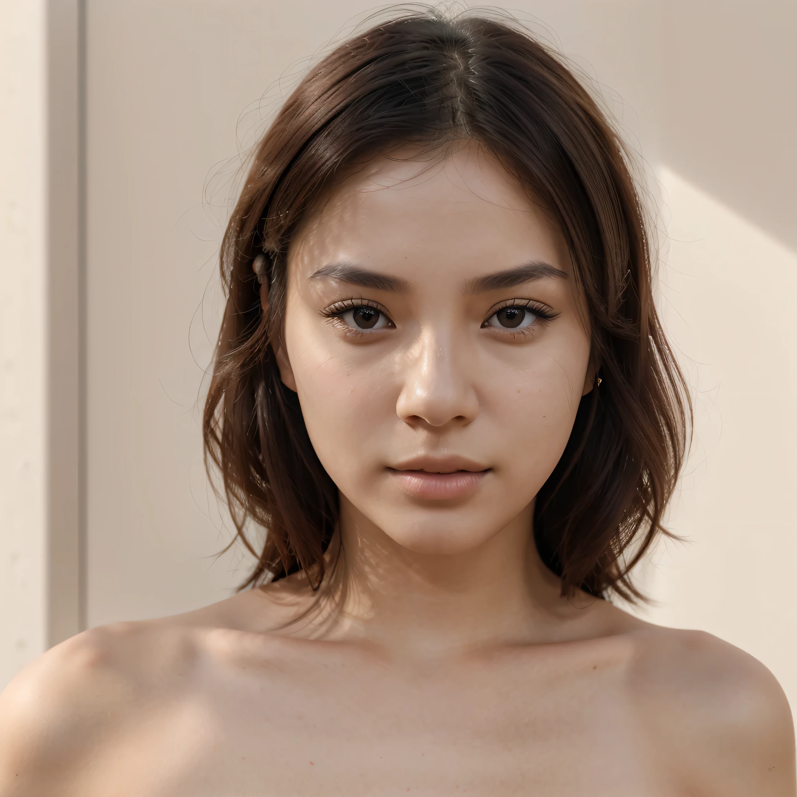(best quality,masterpiece:1.2),8k,ultra high res,ultra detailed,best quality,looking at viewer,perfect lighting,flat light,ultra high quality,ultra high res,masterpiece,photorealistic,detailed face,(simple background),(maroon background), naked portrait, nude photography, shiny nipple, show armpit