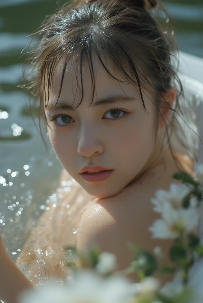 (top-quality), hyperrealistic, perfect anatomy, Realistic, (real picture, Intricate details), (((Japanese college girl in an huge aquarium water tank))), (crawl on all fours in water, hip floating, legs spread), ((wearing white off-shoulde camisole dress, No shoulder straps, off shoulder, white lace panties)), Fair skin, (pretty face, seductive smile), (wavy short hair, short bangs), (((Small chest:1.1))), (wet hair, skin with small bubbles, wet clothes), tropical fish, Full Body Shot:1.3