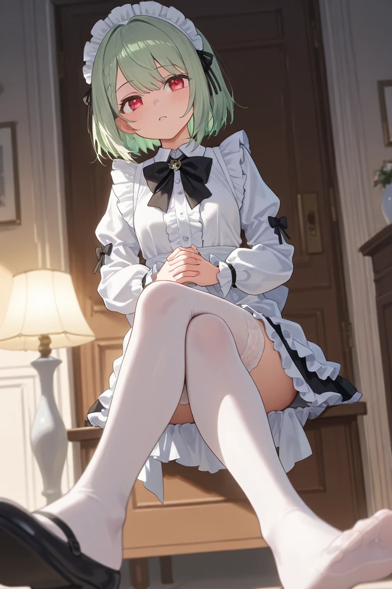 ((highest quality)), ((masterpiece)), (become familiar with), perfect face
((highest quality)), ((masterpiece)), (become familiar with), 完璧な perfect face 身長が低く、little girl&#39;hair is long、color is light、The clothes are light green、Lots of decorations.。Wearing clothes classified as maid clothes。 Also、 is in a cutely decorated house.。 Light green hair color that expresses the use of multiple colors throughout the body