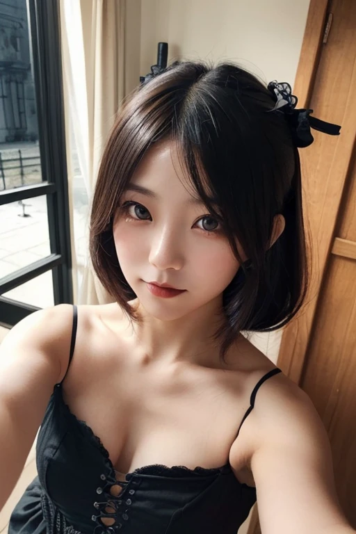 sexy camisole、Dark Room、bed、Embarrassed face、Short hair with bangs