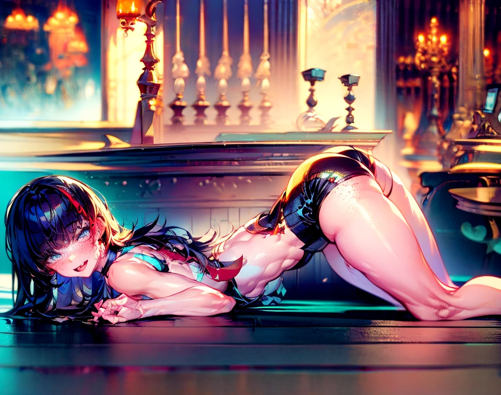 super high quality, (8k, RAW photo, realistic), detailed and delicate depiction and flashy and dynamic painting method, very beautiful woman, annoying sexy expressions, shining blue big eyes, (flat chest:1.2), slender, ass, perfect proportion, full body, red big thick lips, wearing micro thong bikini, black messy ponytail, background colorful wall, iridescent, professional flare lighting