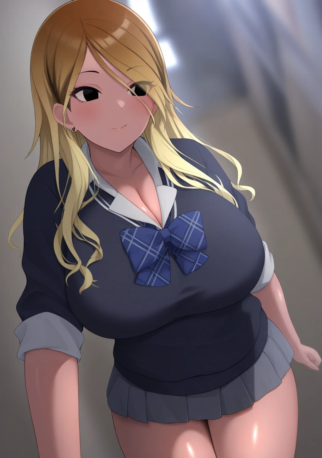 An angle that looks like you're looking at her face from between her legasterpiece)、(highest quality)、((Very detailed))、(Very delicate)、1 girl、Lying on the futon、(school uniform)、(kashiwazaki sena, butterfly_hair_ornament, blonde_hair, long hair, aqua eyes, large breasts,)、(skirt tug)、Big Breasts、(lying on bed:2)、(From below:2),