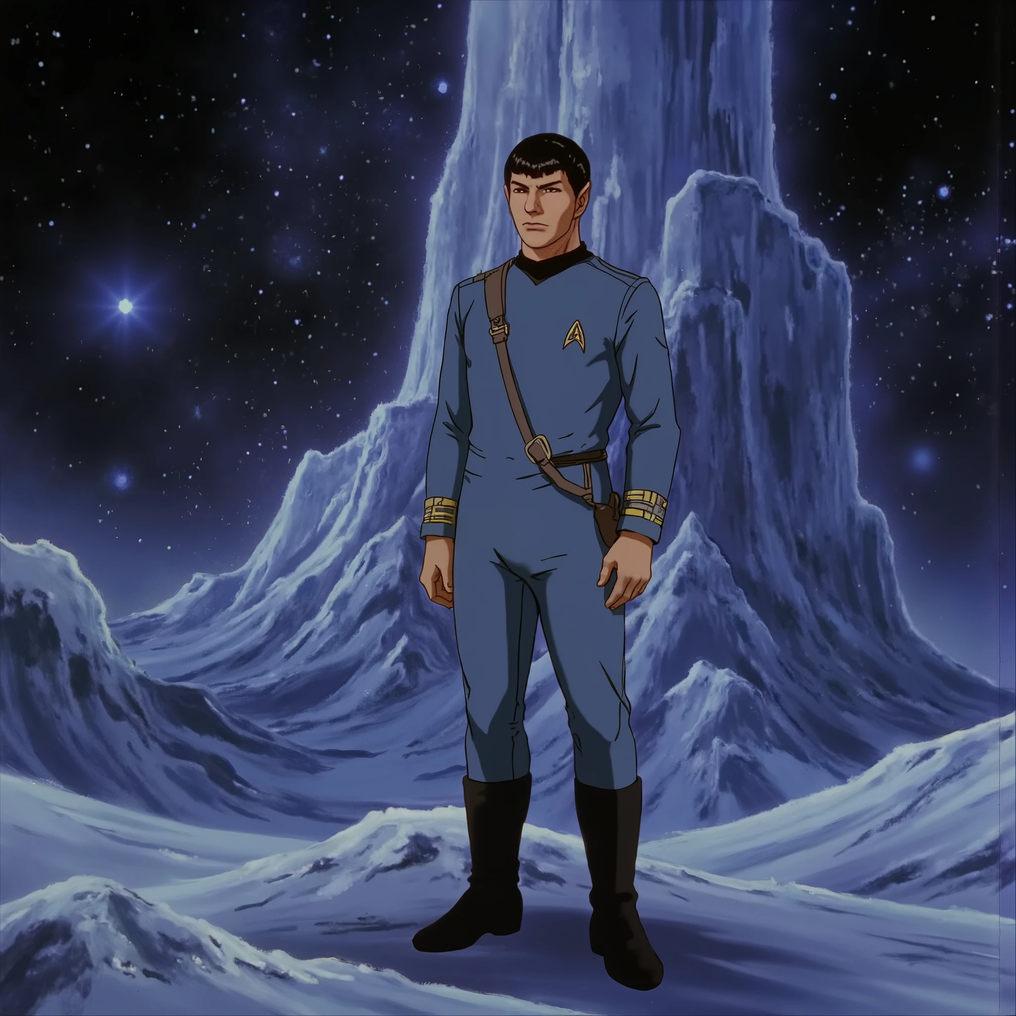 b3rs3rk Spock in Star Trek: The Next Generation, wearing a blue shirt and standing in front of a space background.