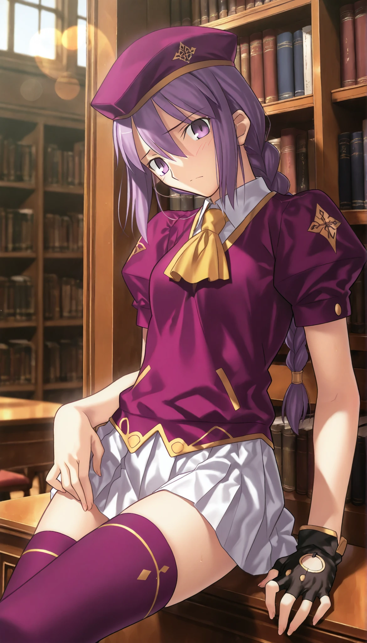 masterpiece, , absurdres, highres, detailed background, high resolution, masterpiece, necessary, detail, best quality, quality, necessary, details, High details, Precise, 8k indoors, (library, powder light, many blue crystal), day, lens flare, blurry background, from side,
1girl, Takeuchi Takashi (type-moon,tsukihime) style, takeuchi takashi style, (aged up), (reclining, on wall),(fidgeting) ,long thighs, cowboy shot,
girl, (slender body, slim arms, slim bod), (Sion) Eltnum (Atlasia) ,sion eltnam atlasia,(fate), purple hair , purple eyes, tsurime, hair between eyes ,long bang, long hair , braided hair , braided ponytail , yellow ribbon , EltnumOutfit ,small breasts, light purple sweater ,puffy short sleeves, collared undershirt , white undershirt , undershirt , yellow ascot ,(short sleeve), ,white skirt ,miniskirt, gold trim ,purple thighhighs ,single glove ,fingerless glove, black glove ,dark purple beret, ,((head tilt)), looking at viewer,(small breasts), ,