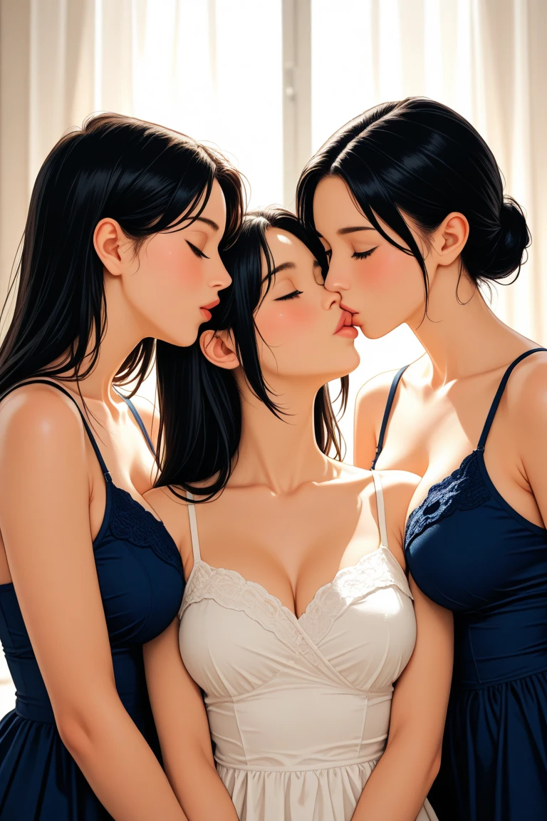 realisticlying、Face Real，Breasts enlarged、Three 45-year-old girls hugging each other，kiss､Red lips，Wearing underwear