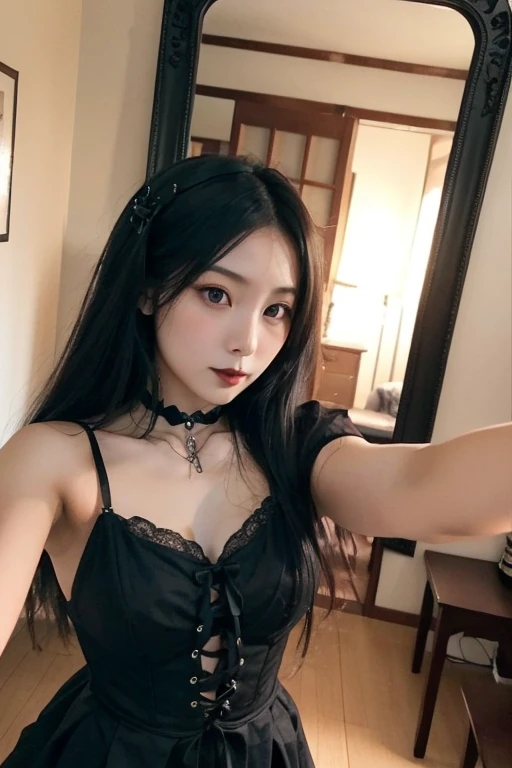há uma mulher em um top de sutiã vermelho tirando uma selfie, with franja, with full franja, she has black hair with franja, curtain franja, straight franja, Bella Poarca, franja, long hair with full franja, franja reta, long hair with franja, full franja, Cindy Avelino, charli xcx, long straight franja, long black hair with franja