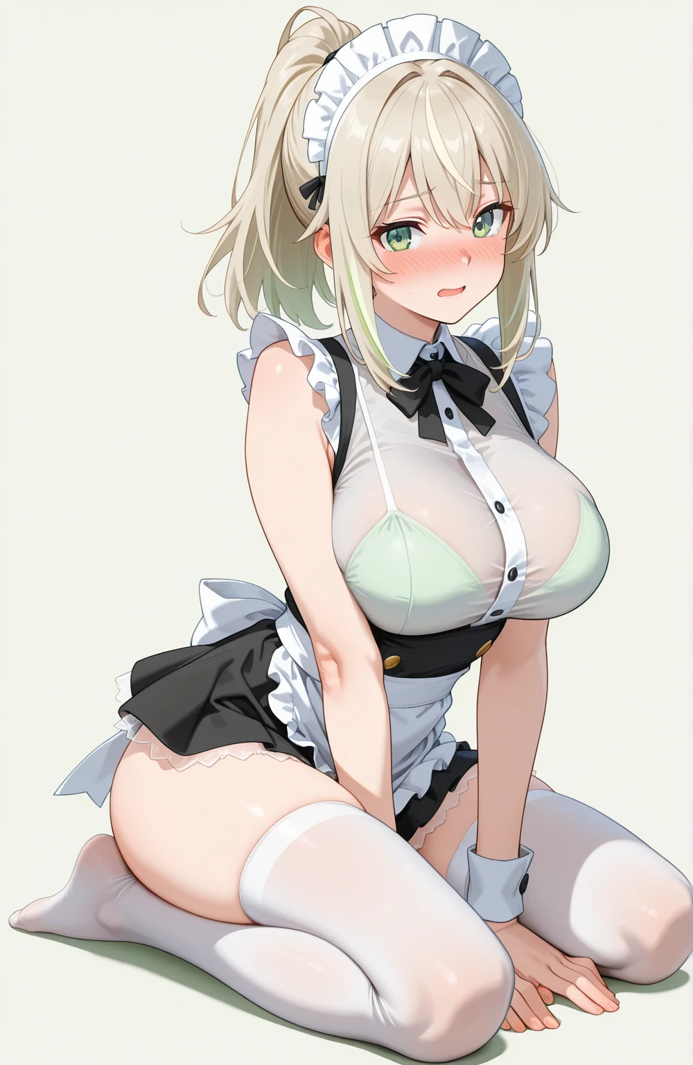 (One girl)、bob cut、flipped hair、((Blonde))、（Sato Air）、slan eyes、(Big super breasts)、(Chubby)、beautiful girl、[[Big thighs]]、green eye、(Maid clotheini skirt)、No sleeve、White sleeveless、((hairs between eyes))、((thigh-high socks thighhighs))、(long gloves)、say、White Background、