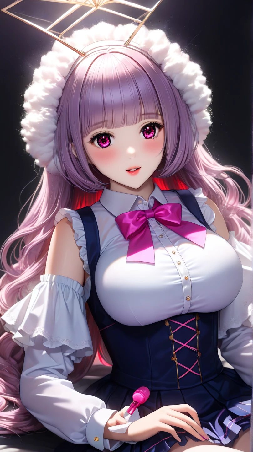The upper part of the body、one girls、i have silver hair color、Two-tone、(Pink Highlight Hair、Curly hair，floral headband、very Bigger breasts、ultra gigantic tits、put out the tongue、Sorcerer、tiny girl、Idol Costumes、off shoulders、I have a pink cane、Arrangement of countless glowing sphere floating alphabets, countless shining matrices