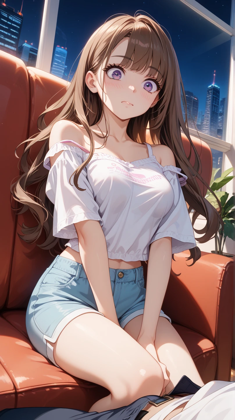 2, anime girl, big breasts, blue eyes, long brown hair, black tank top, white short skirt