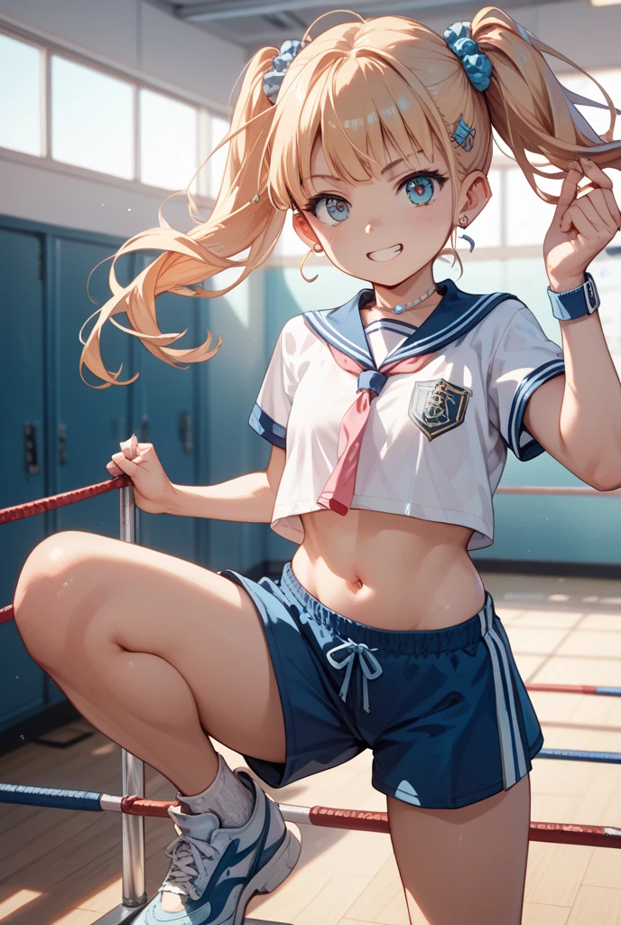 最high quality、Best image quality、masterpiece、With a girl((16 years old, Play sports frequently、Best Bust、Bust 90、Blonde twin tails、Red eyes、Open your chest wide, thin, smile, liar、Troubled expression、 Table Tennis Uniform、peace sign、Are standing))、high quality、Beautiful art、With background((Sports club))、Tabletop、Exquisite design、Visual Arts、