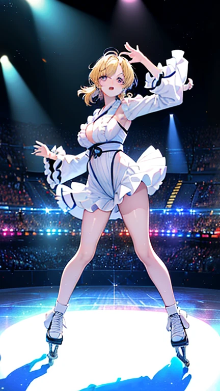 k-pop idol, blonde hair, beautiful smile, during the show, holding a microphone, jacket, k-pop accessories, showing the bottom of the breasts, transparent wet panties