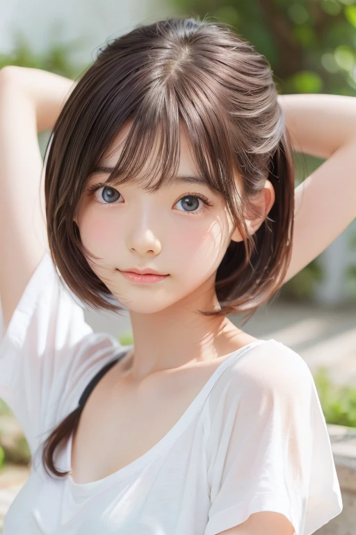 detailed face, cute face,brown eye, , extra short hair, sidelocks-hair, 1 Girl, master piece , best quality , detailed , (woman face) , (breast hold:1.4) , t-shirt , japanese , room , indoor