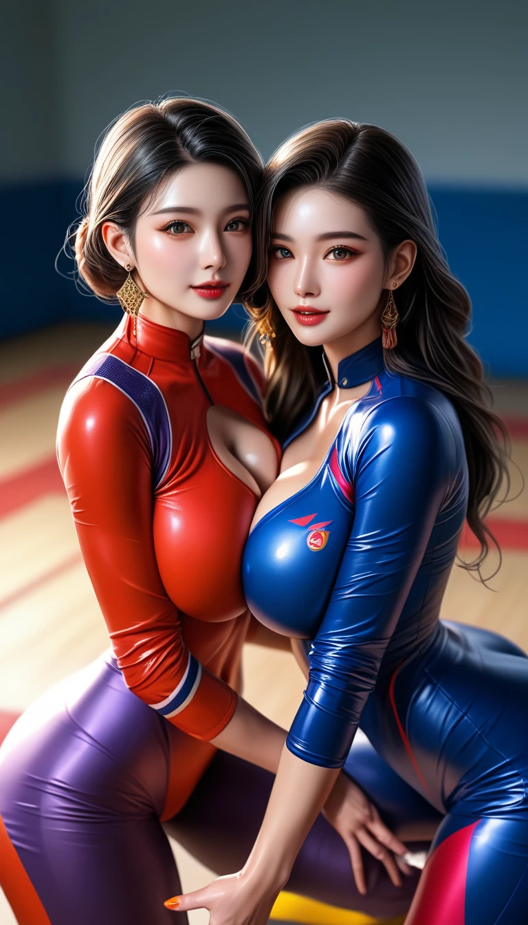 blue eyes, stunning proportions, 2 girls, smile, portrait, photorealistic, intricate details, a beauty girl, in pink skin-tight bodysuit